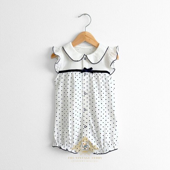 Other - NWT Pretty Girls One-piece Romper Bubble Ruffled Polkadots White & Navy 3-6M